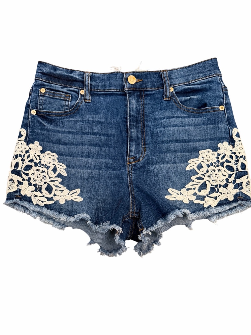 Altar’d State Floral Crochet Lace Denim Shorts Women’s Size 7/28 Boho Frayed Hem